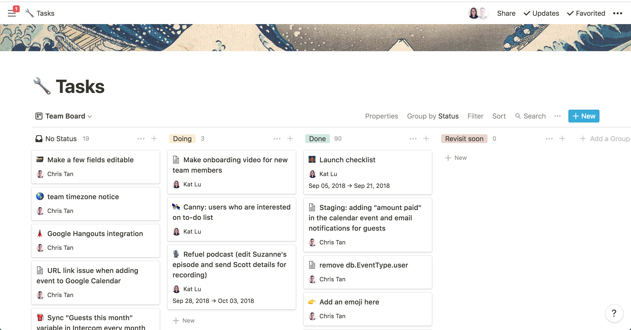 CozyCal Notion kanban board