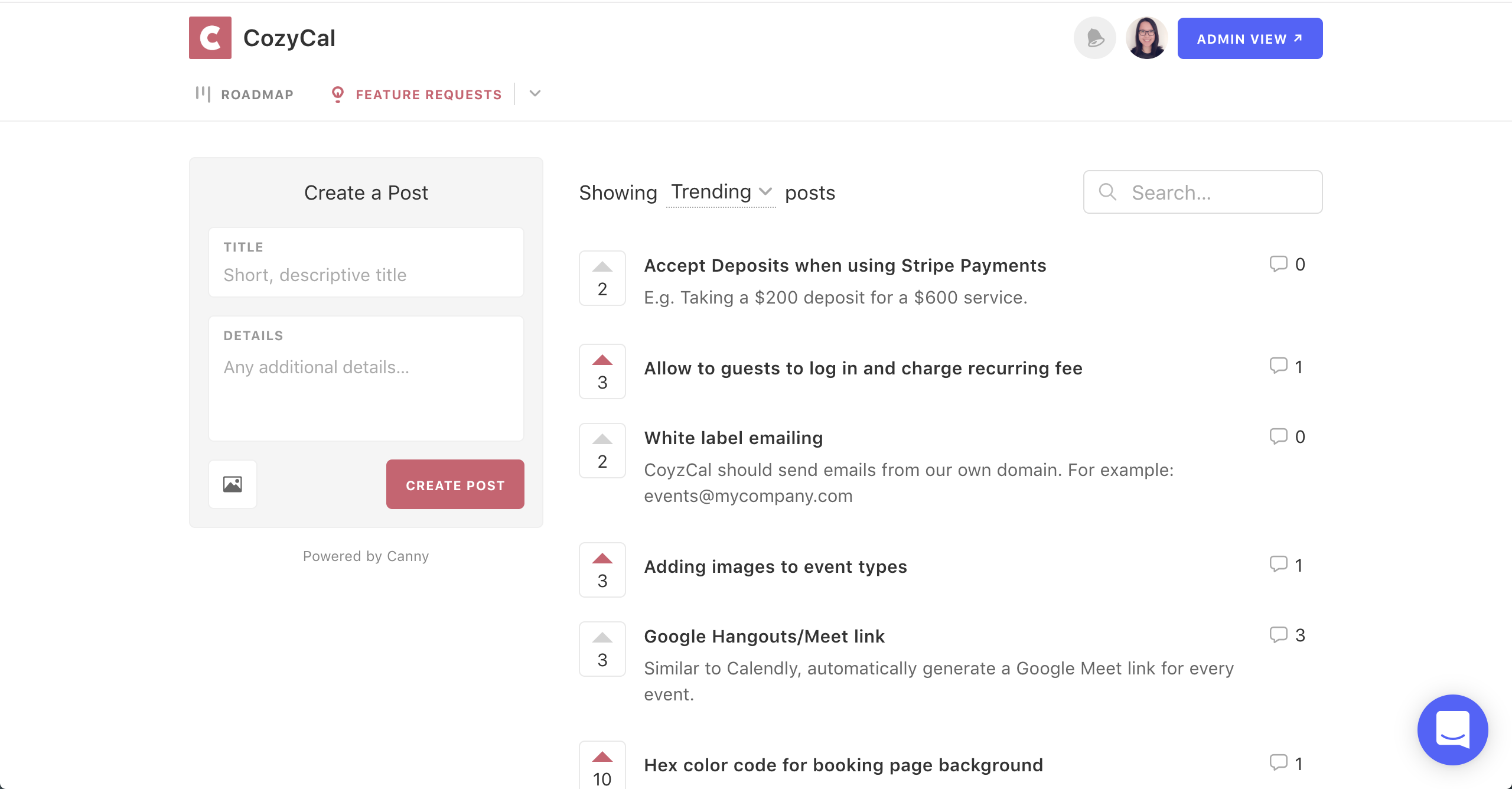 CozyCal roadmap on Canny