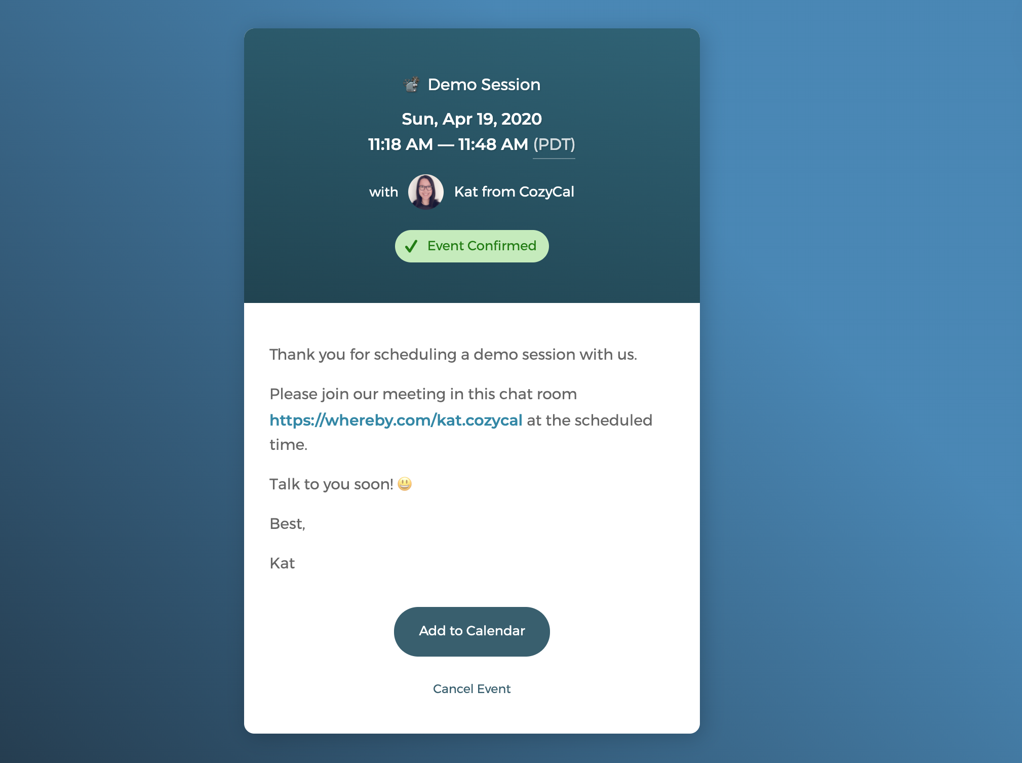 CozyCal embed Whereby link in confirmation message