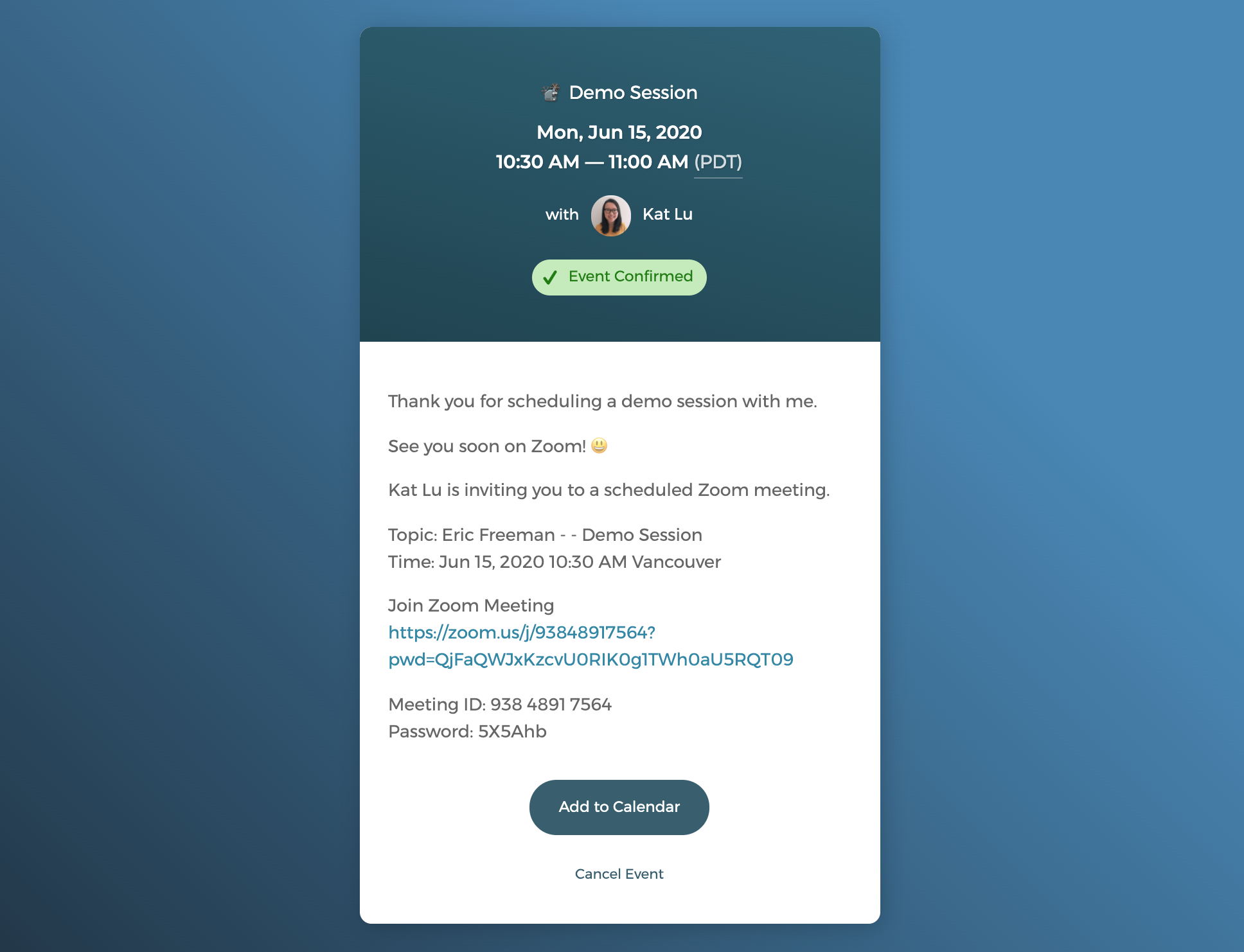 With Zoom integration, a unique Zoom meeting is generated and shared with booked guests.