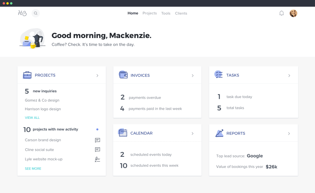 HoneyBook dashboard