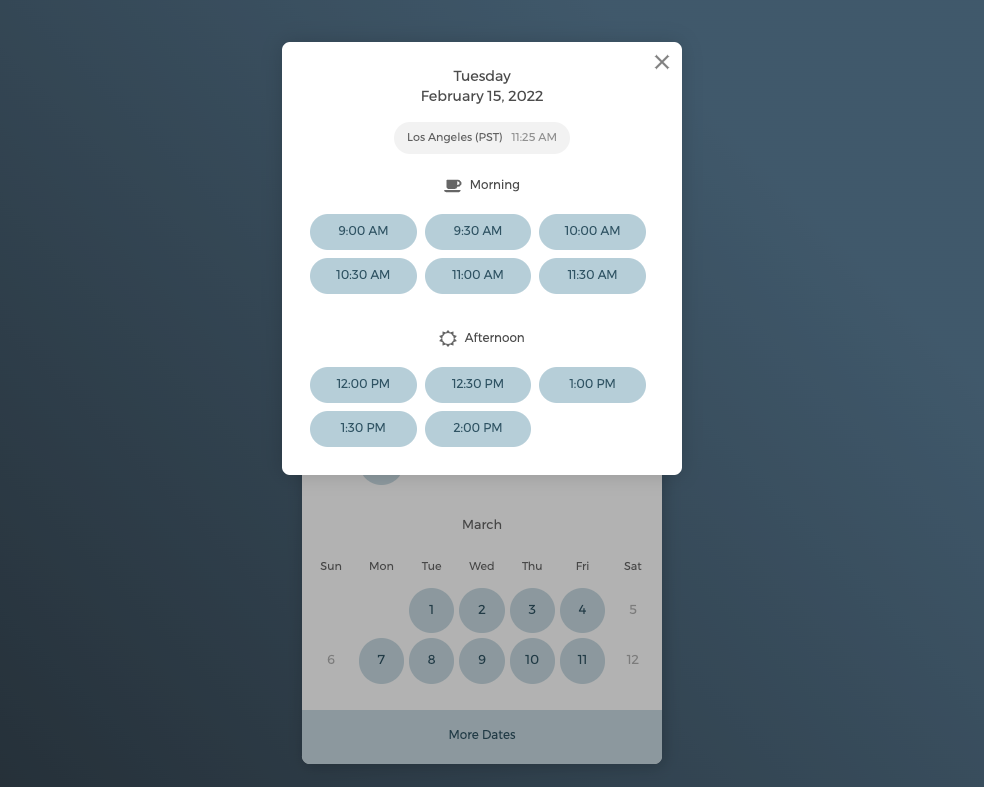 A booking page in CozyCal showing available time slots