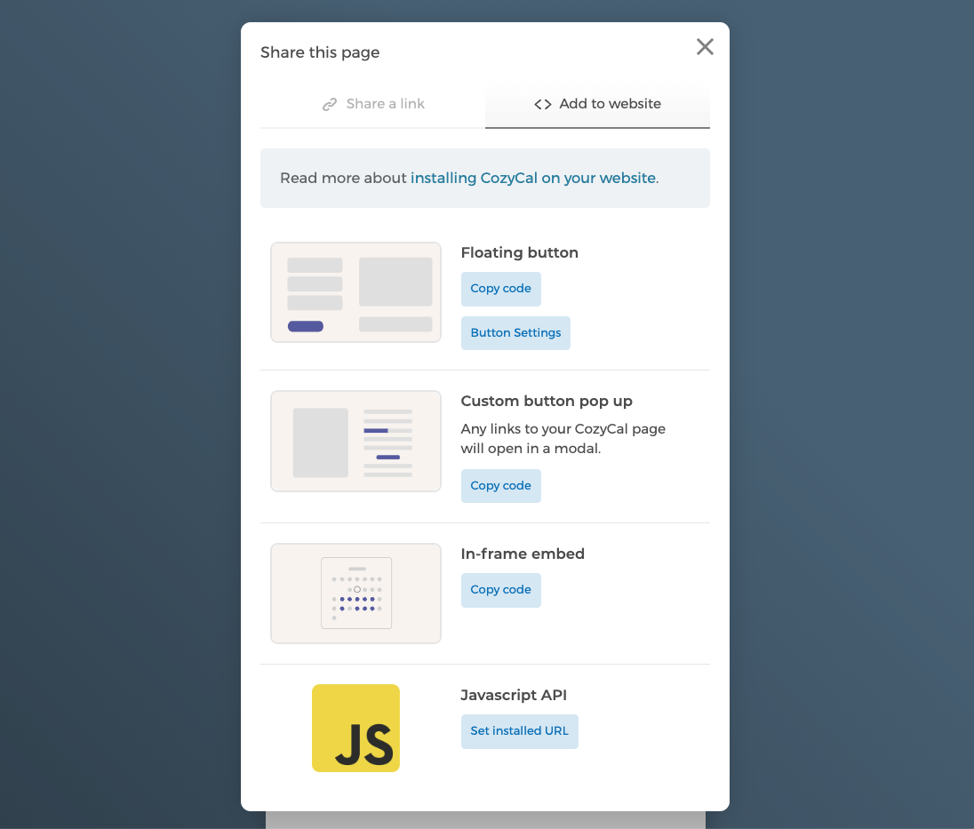 You can install CozyCal's plugin on your website in three ways