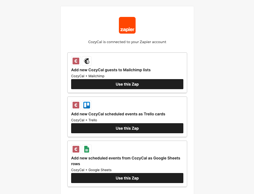 CozyCal integreert met Zapier, waardoor naadloze verbindingen mogelijk zijn met honderden tools