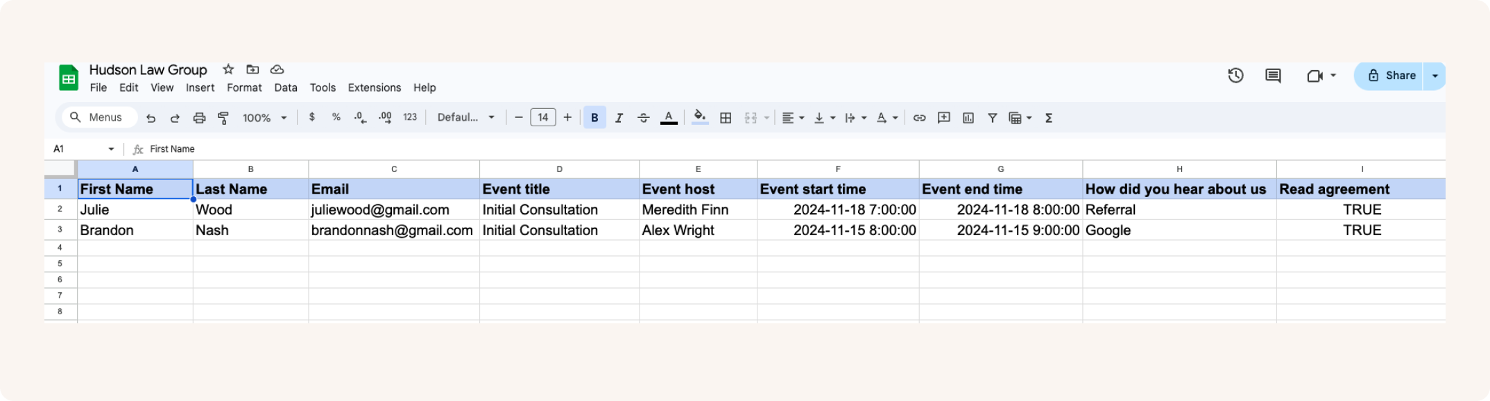 All intake form answers collected in CozyCal can be sent to your Google Spreadsheet via Zapier