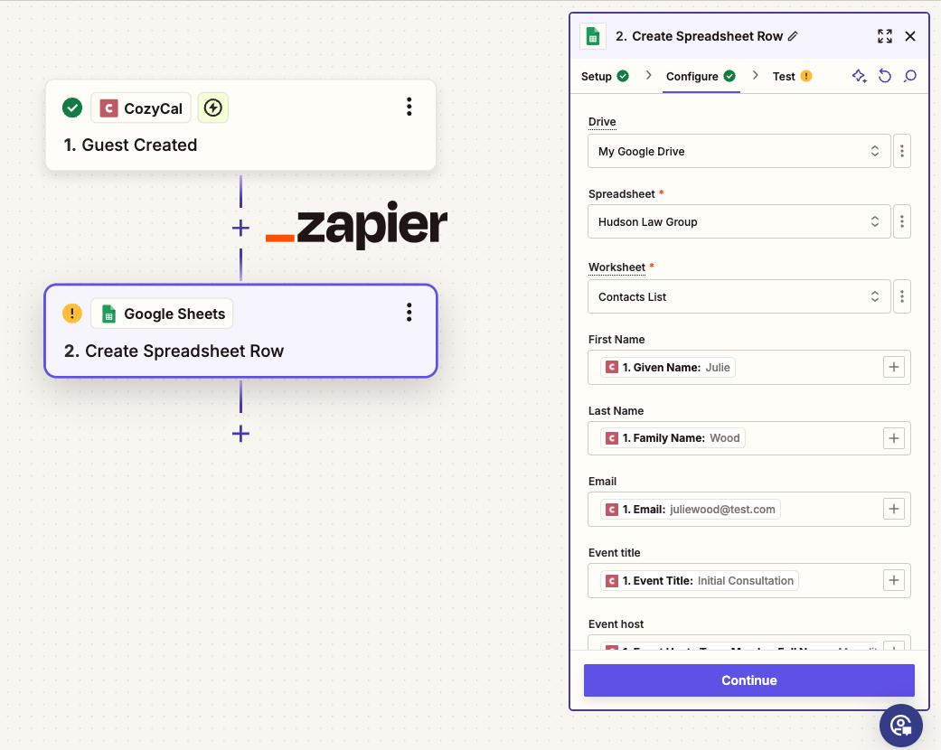 Creating a zap between CozyCal and Google Sheets