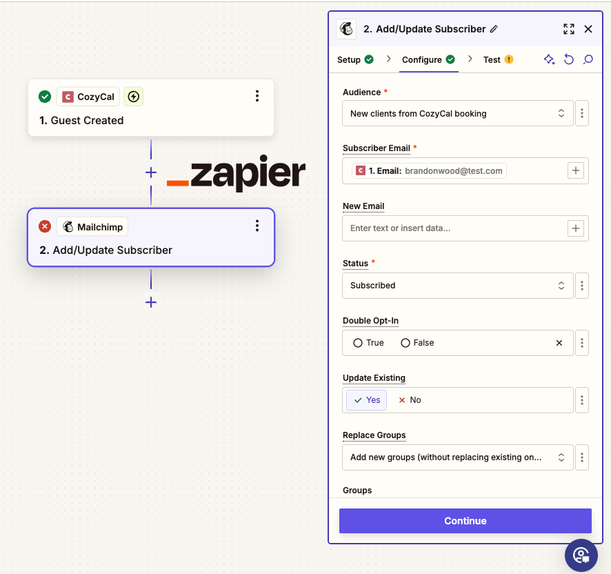 Create a zap between CozyCal and Mailchimp to update subscriber list