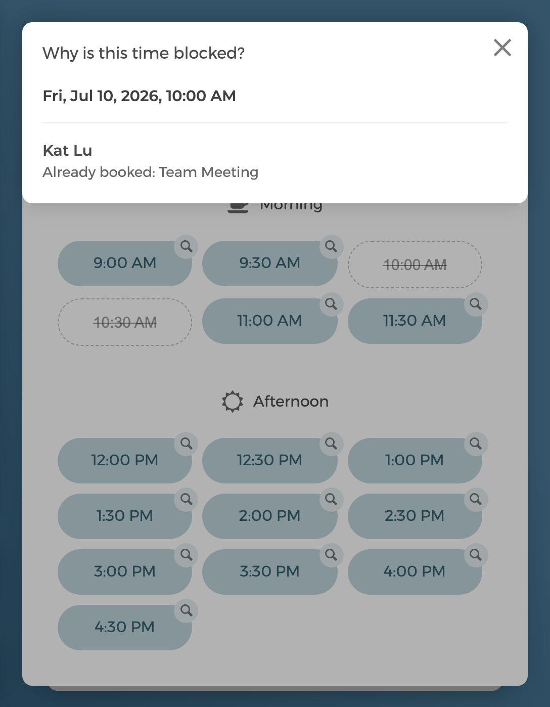 CozyCal explaining why a 10:00 AM slot is blocked: already booked by a team meeting