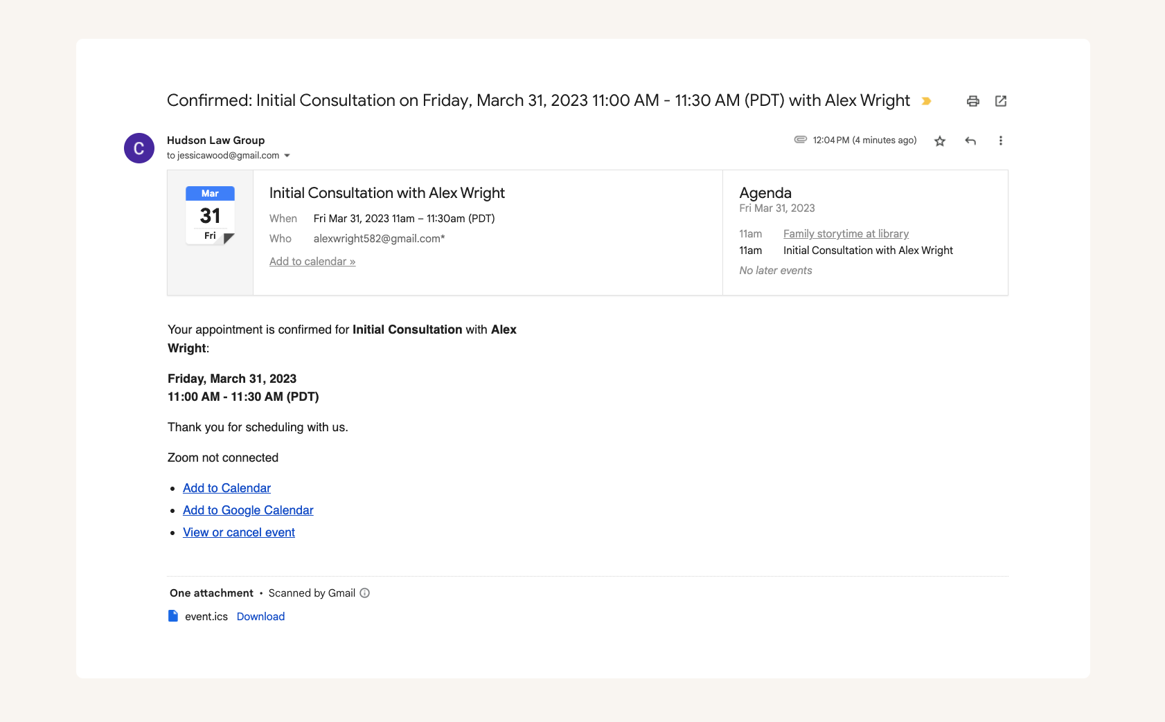 CozyCal envoie automatiquement des e-mails de confirmation et de rappel de rendez-vous en marque blanche