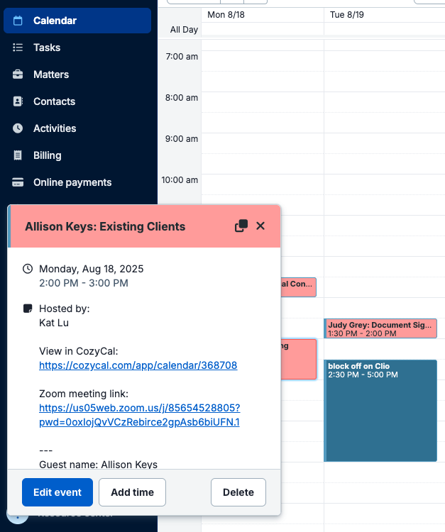 CozyCal integrates with Clio Manage's calendar