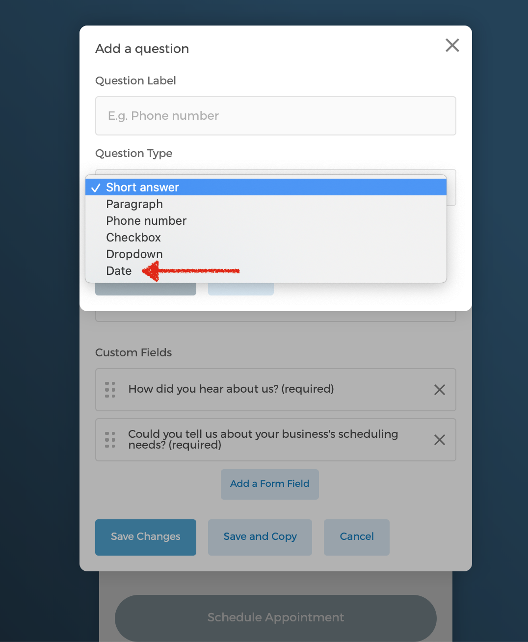 date field on intake form