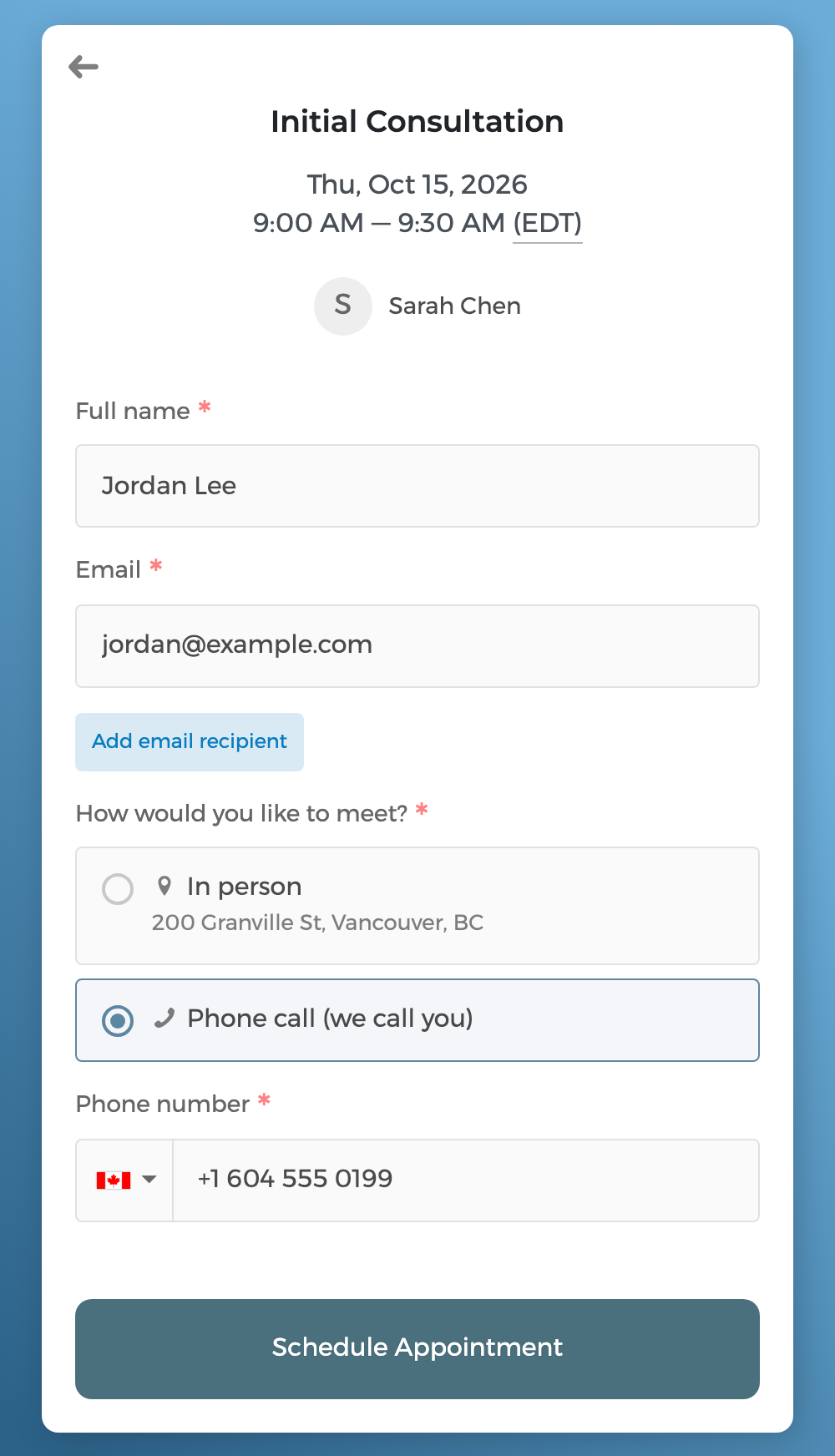 A guest picking how to meet on the booking form