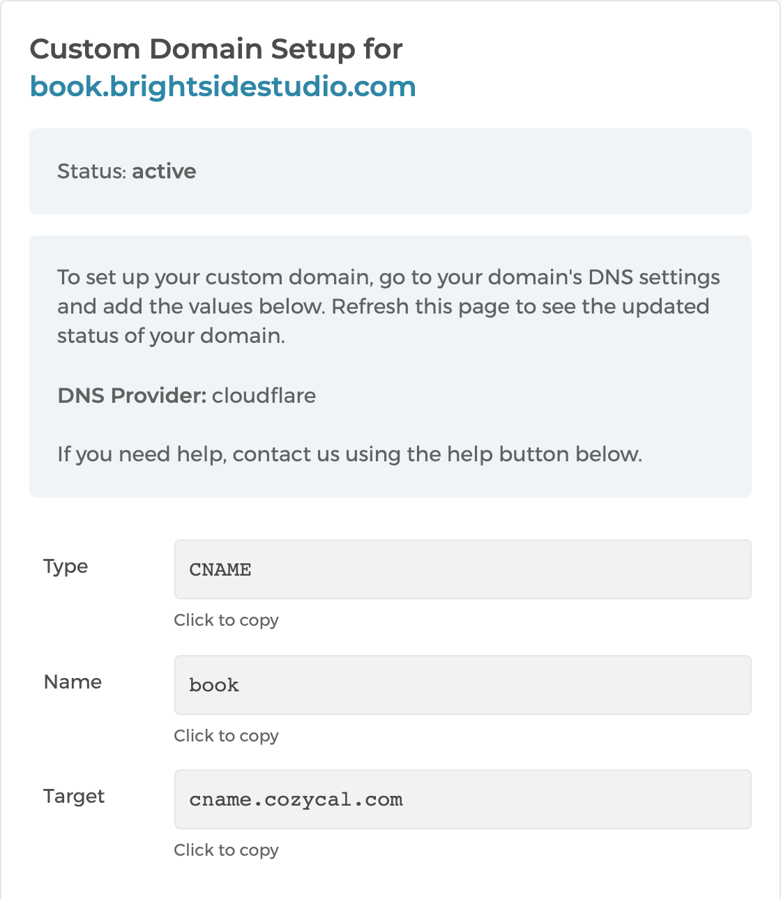 Custom domain setup in CozyCal with an active domain and DNS instructions