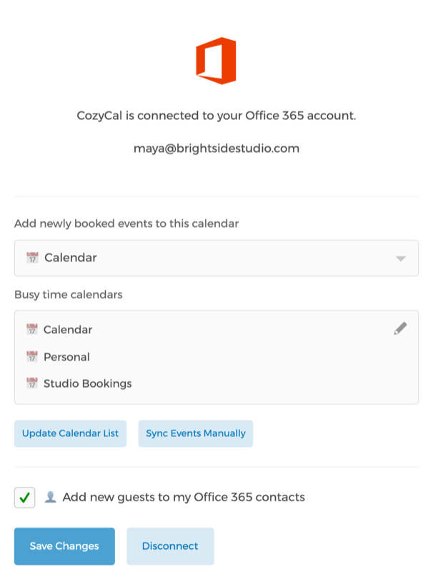 Indstillinger for Outlook-kalendersynkronisering i CozyCal, der viser optaget-tid-kalendere