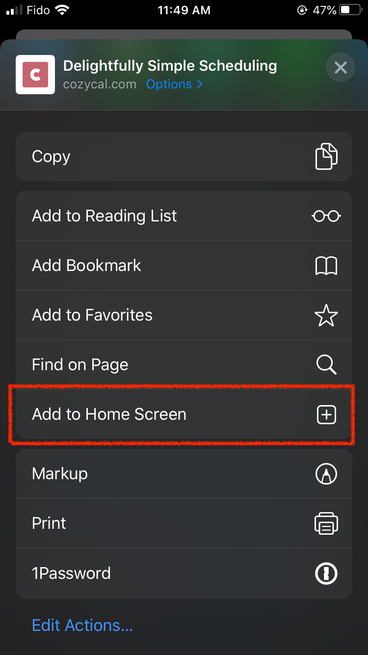Tapping Add to Home Screen
