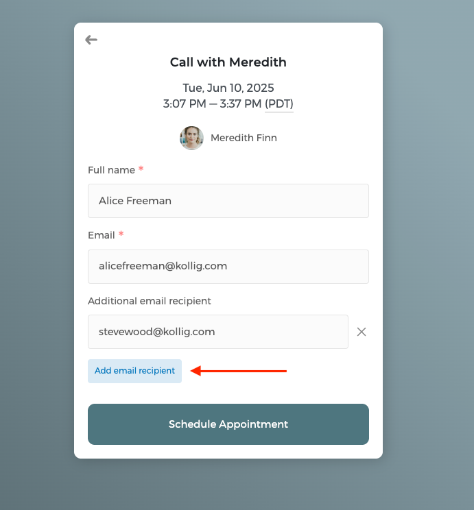 Guest adding an email recipient during booking