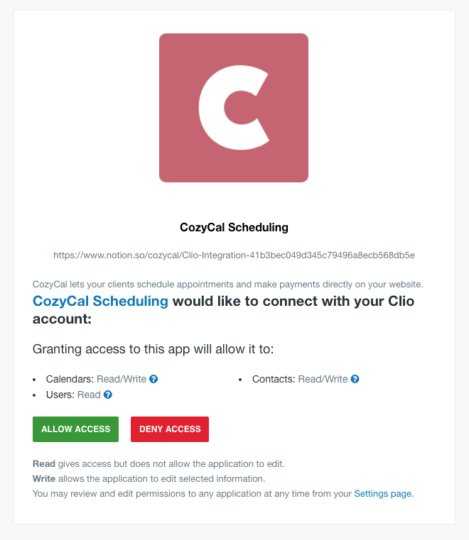 Allow CozyCal access to Clio