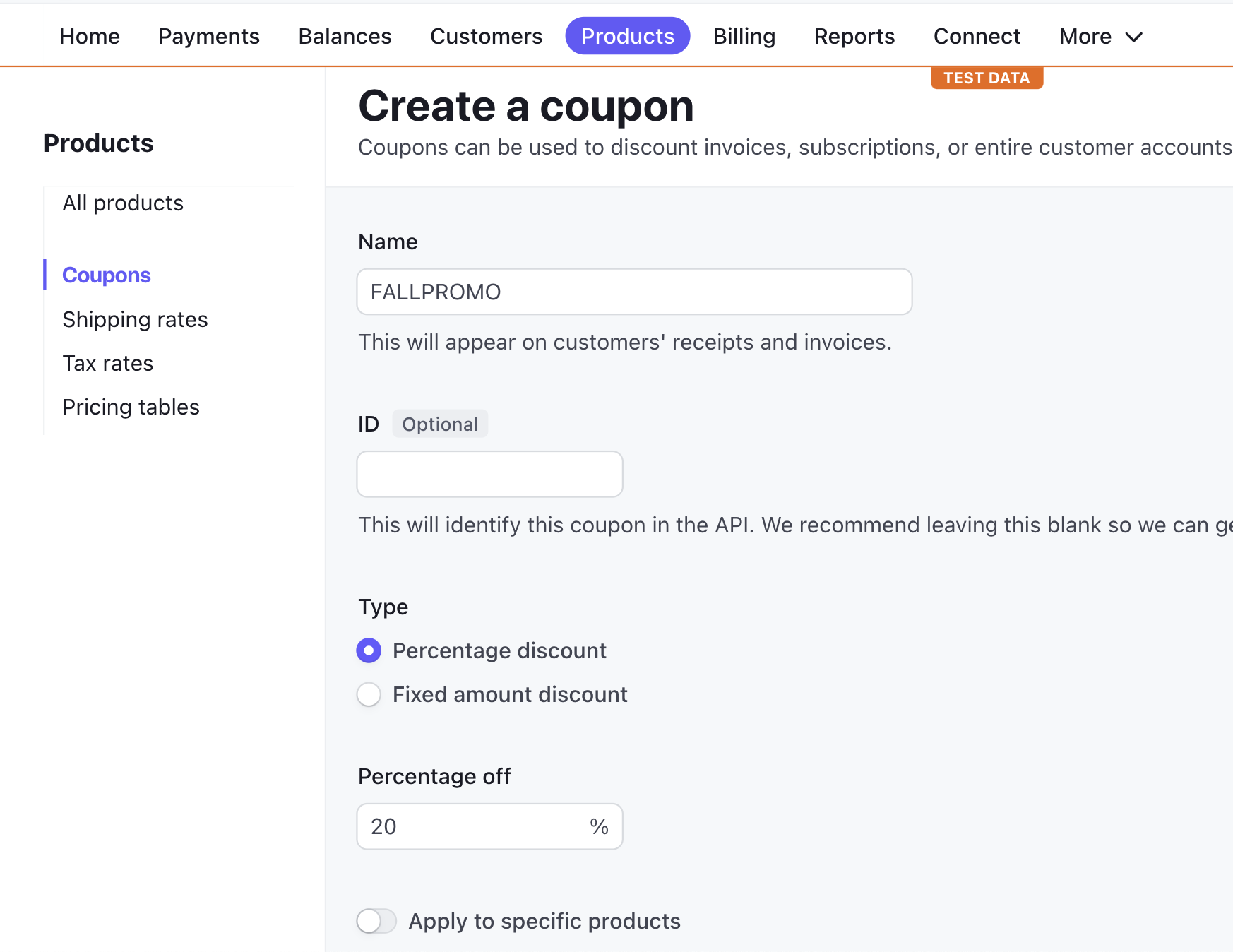 Filling in the coupon details in Stripe