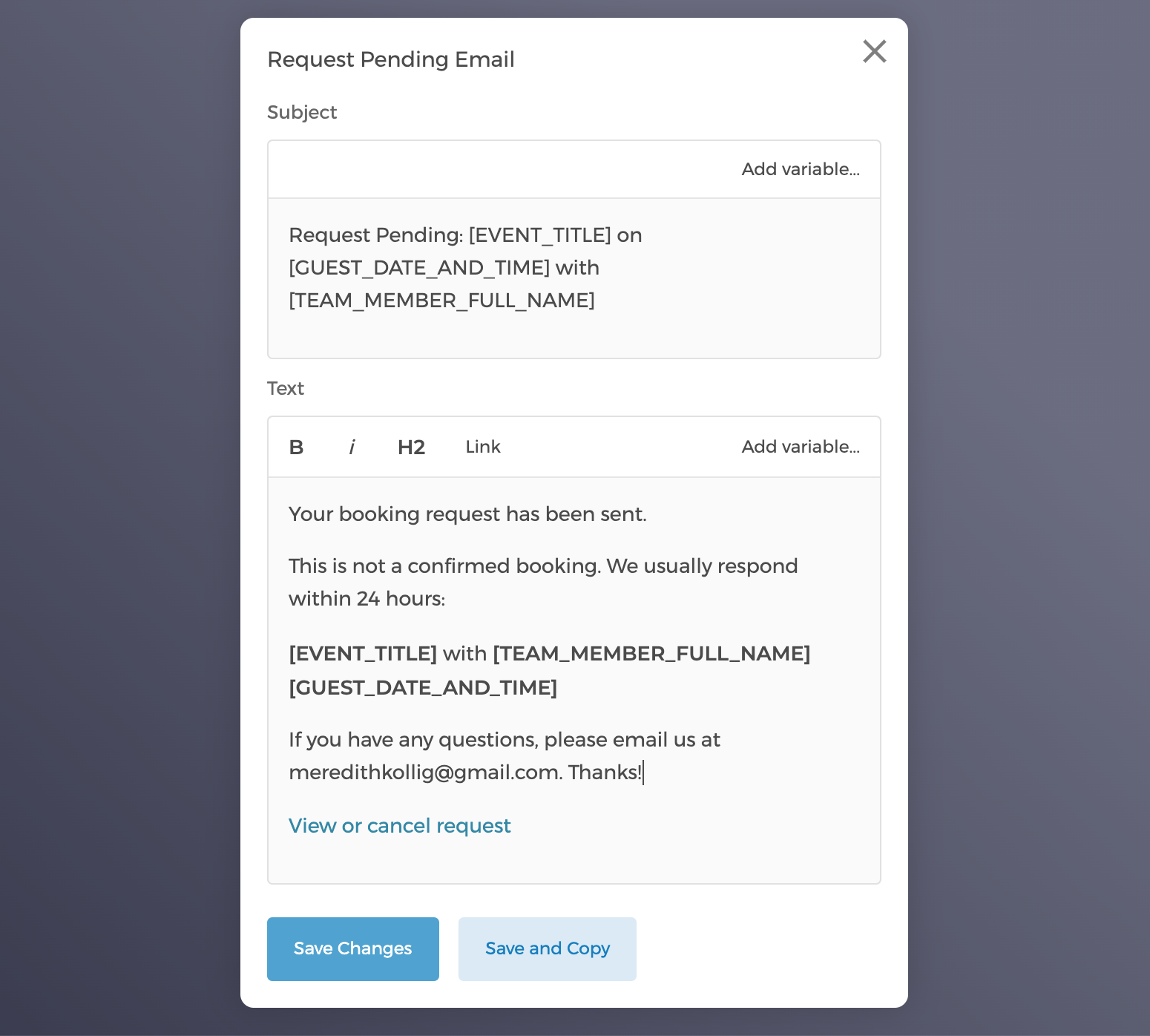 Editing an event request email template