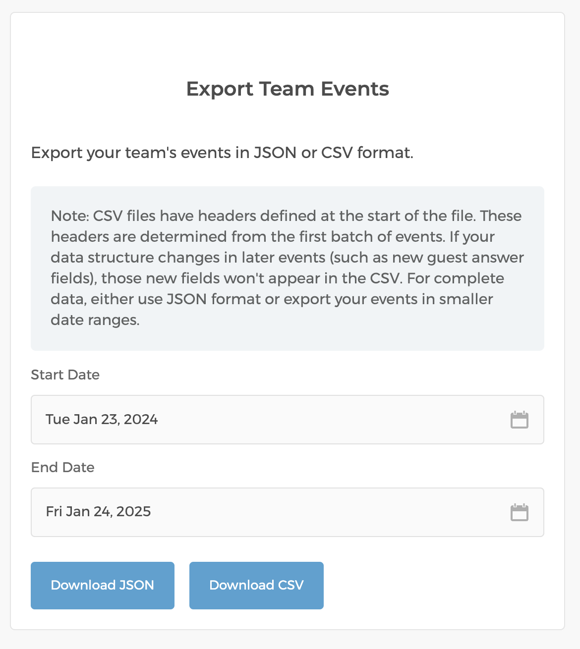 Export events as JSON or CSV