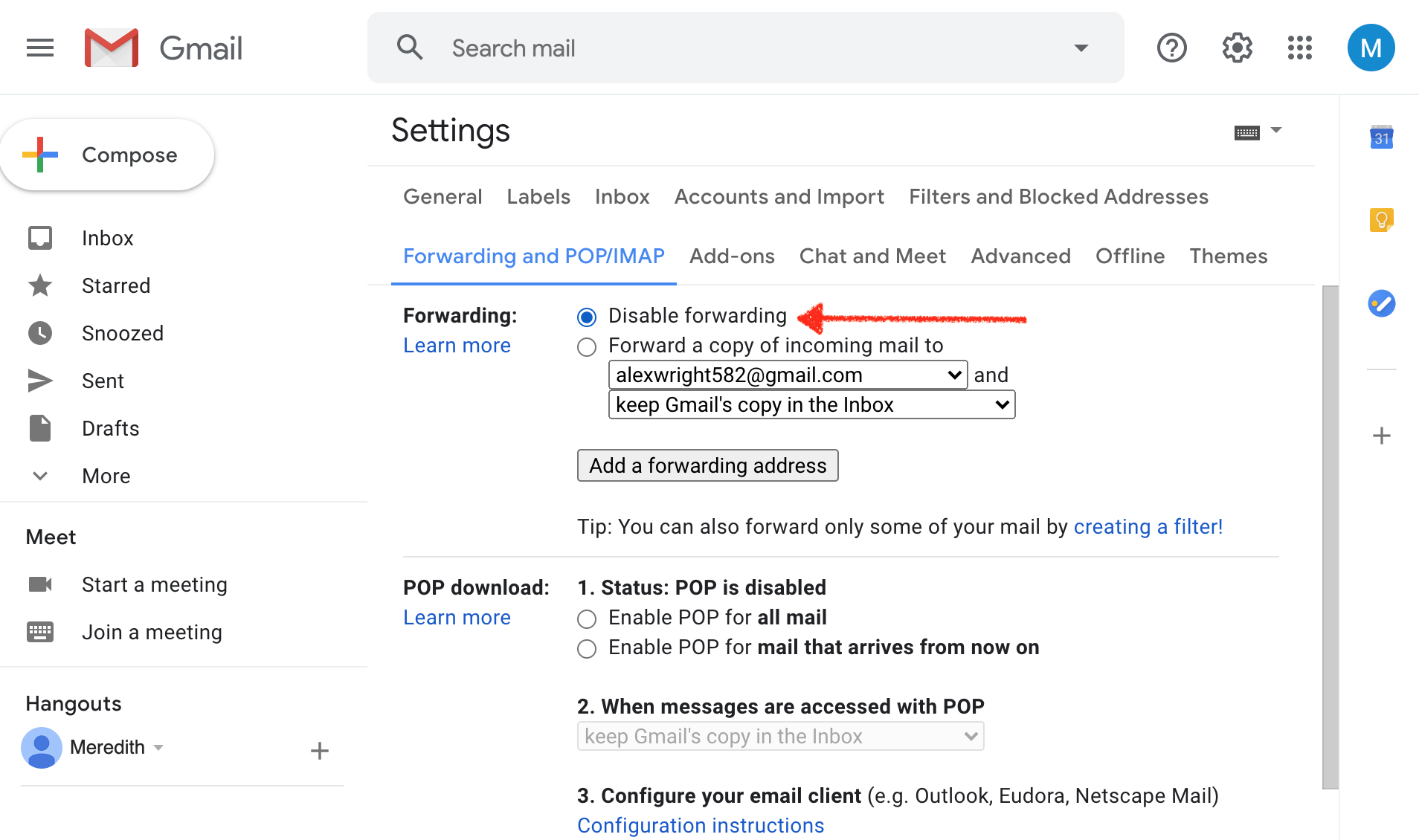 Disabling email forwarding in Gmail