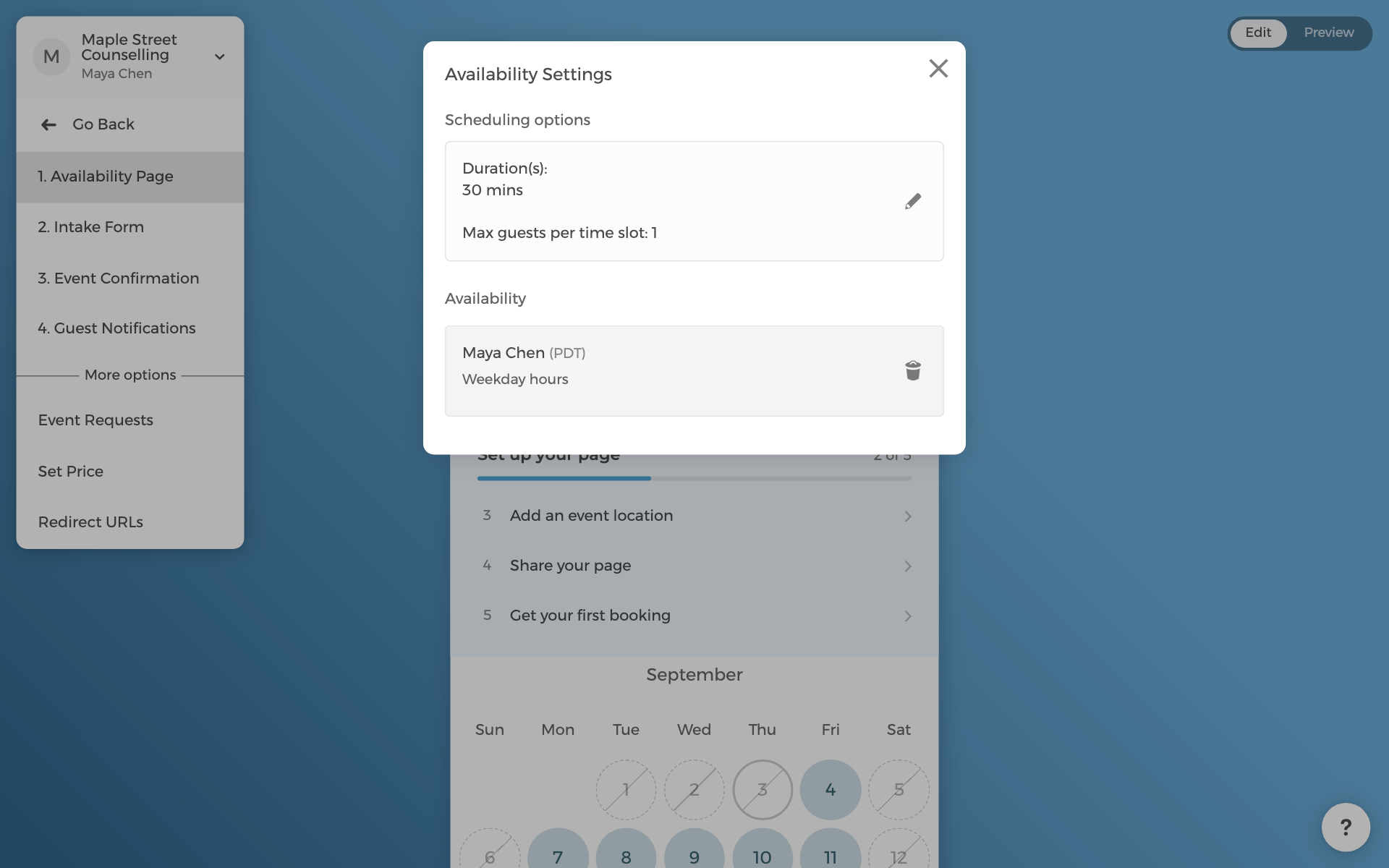 Availability settings for an event type
