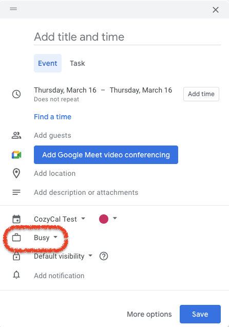 Set event status to Busy in Google Calendar