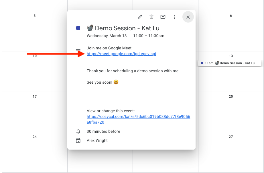 Google Meet info in integrated calendar