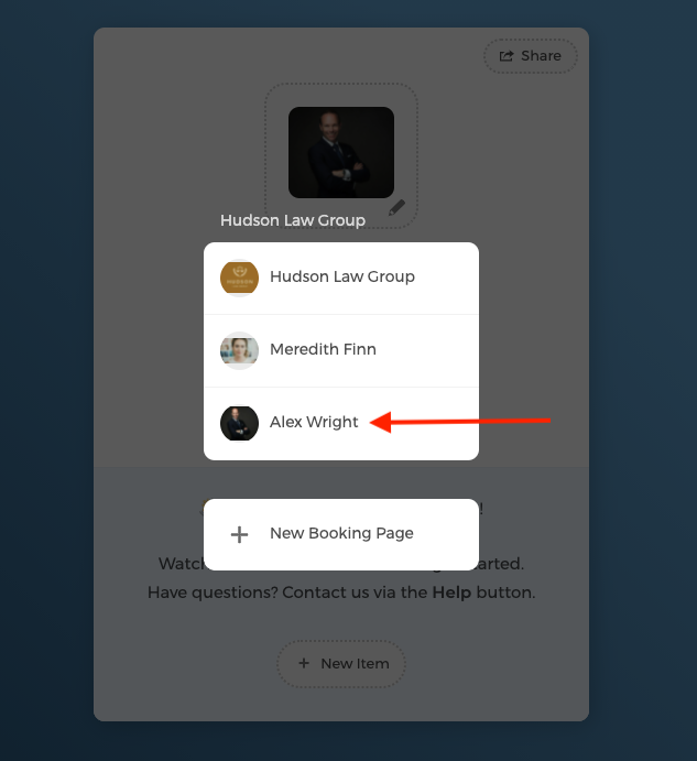 Individual booking page listed under the team
