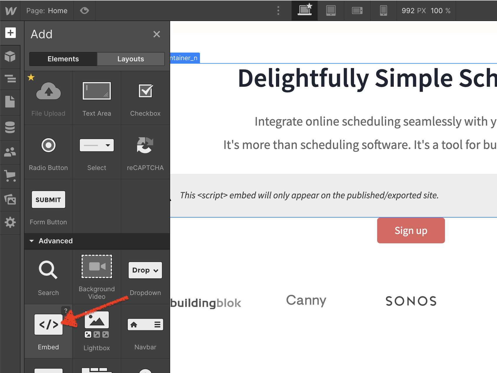 Adding an Embed element in Webflow