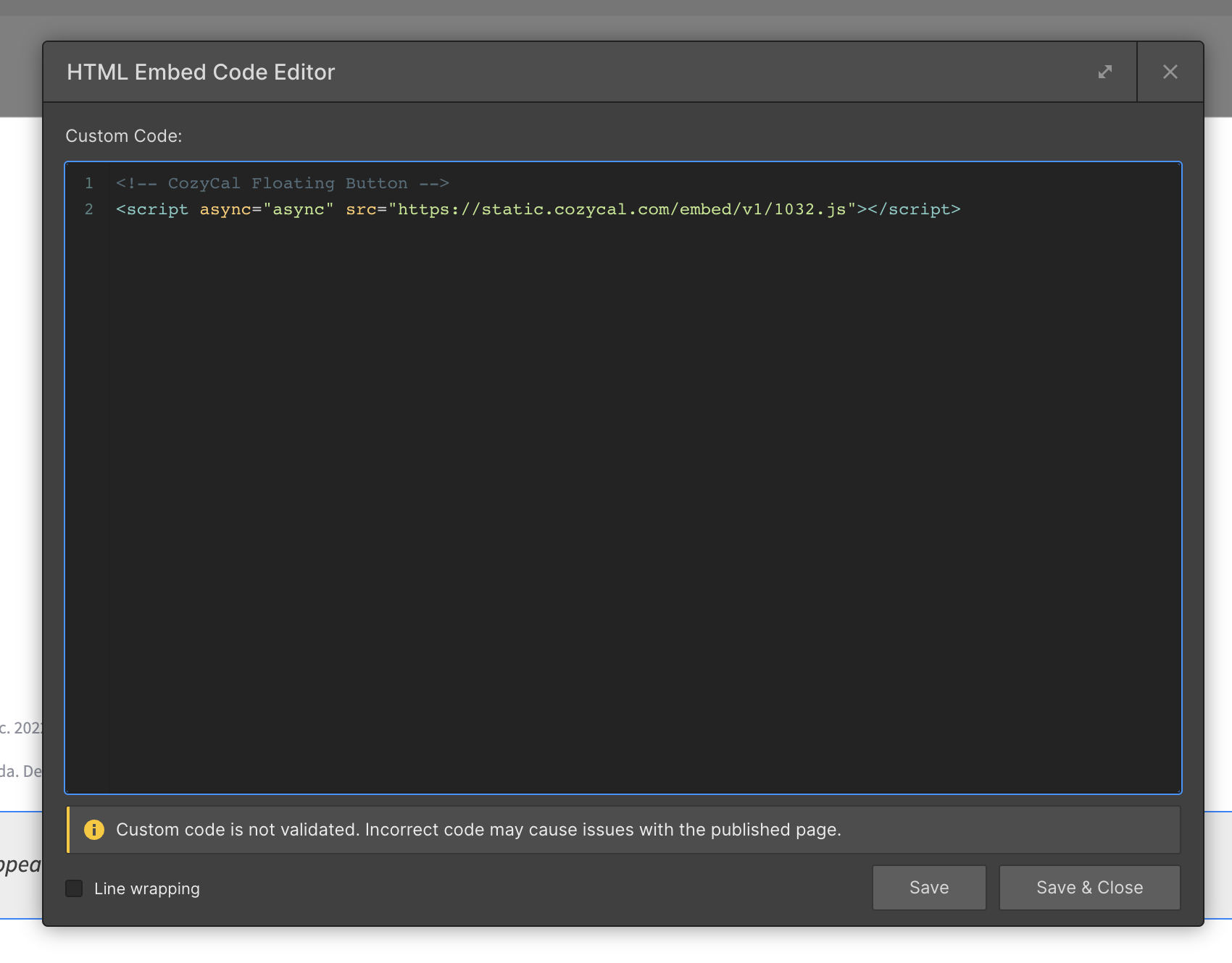 Pasting the CozyCal embed code in Webflow