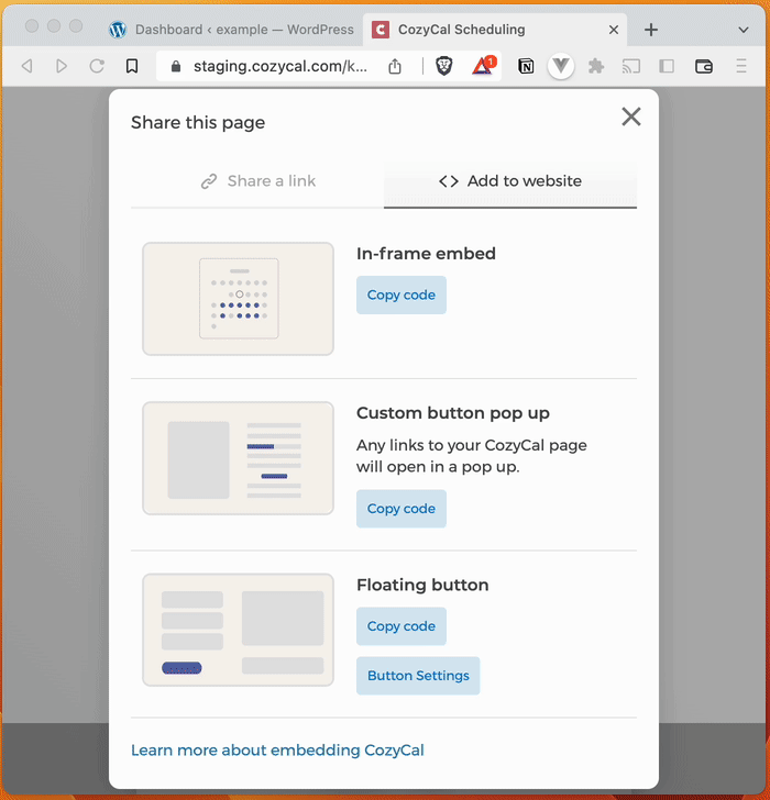 Adding the CozyCal floating button code to the WordPress footer