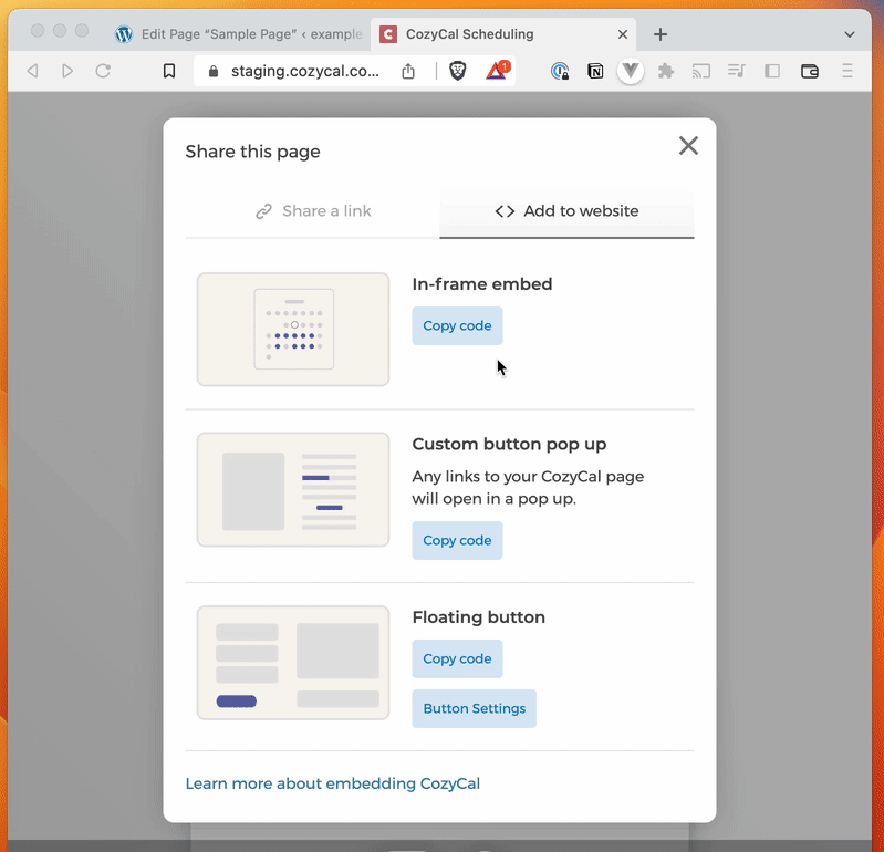 Adding an in-frame CozyCal embed in WordPress