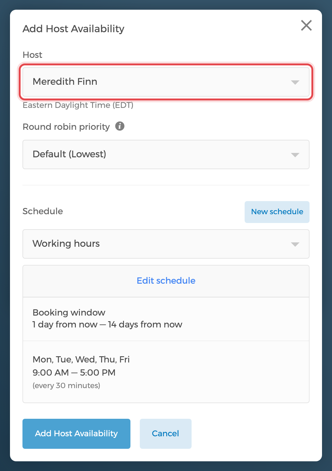 Selecting a host in the Host Availability editor