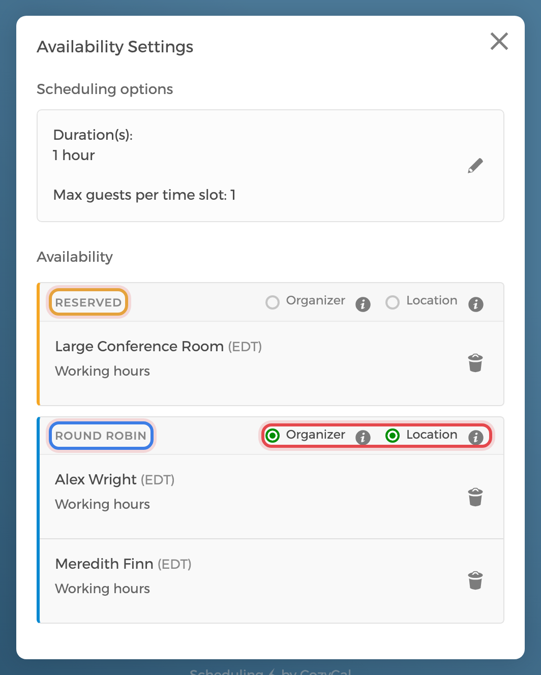 A reserved resource group and a round-robin host group, each with Organizer and Location toggles