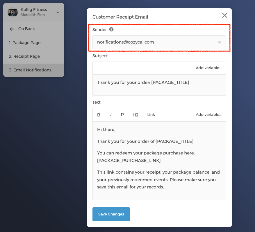 Choosing the email sender for the customer receipt