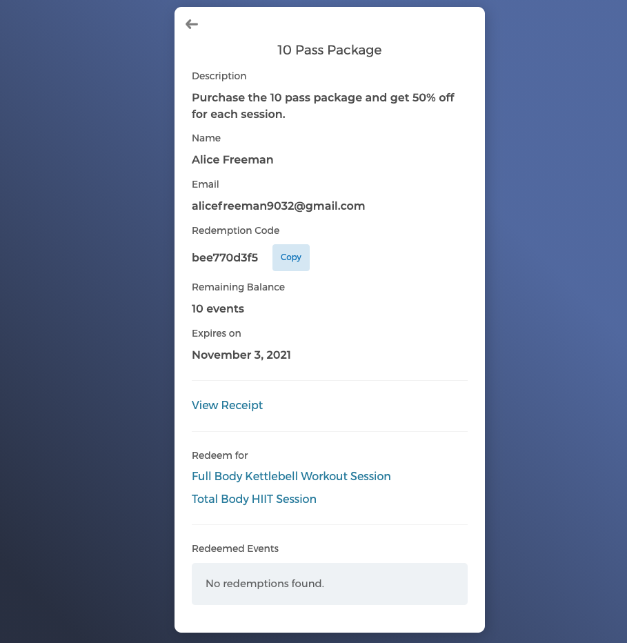 The package page with receipt