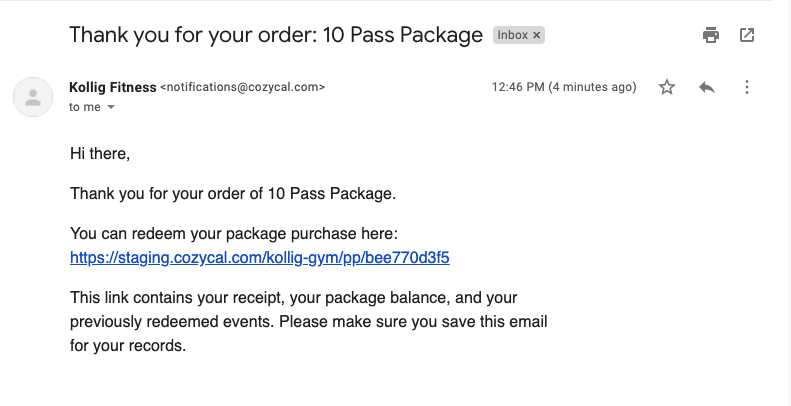 Package purchase confirmation email