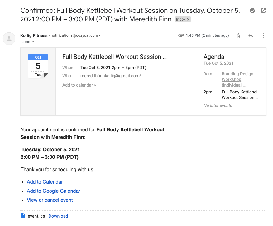 Event confirmation email
