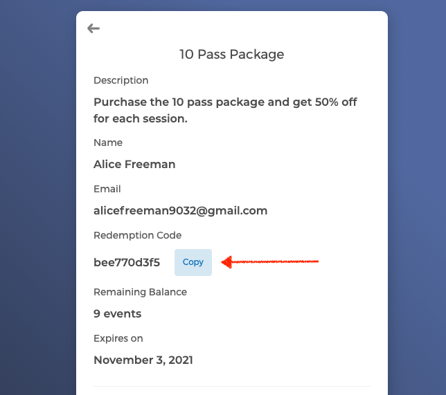Copying the redemption code from the package page
