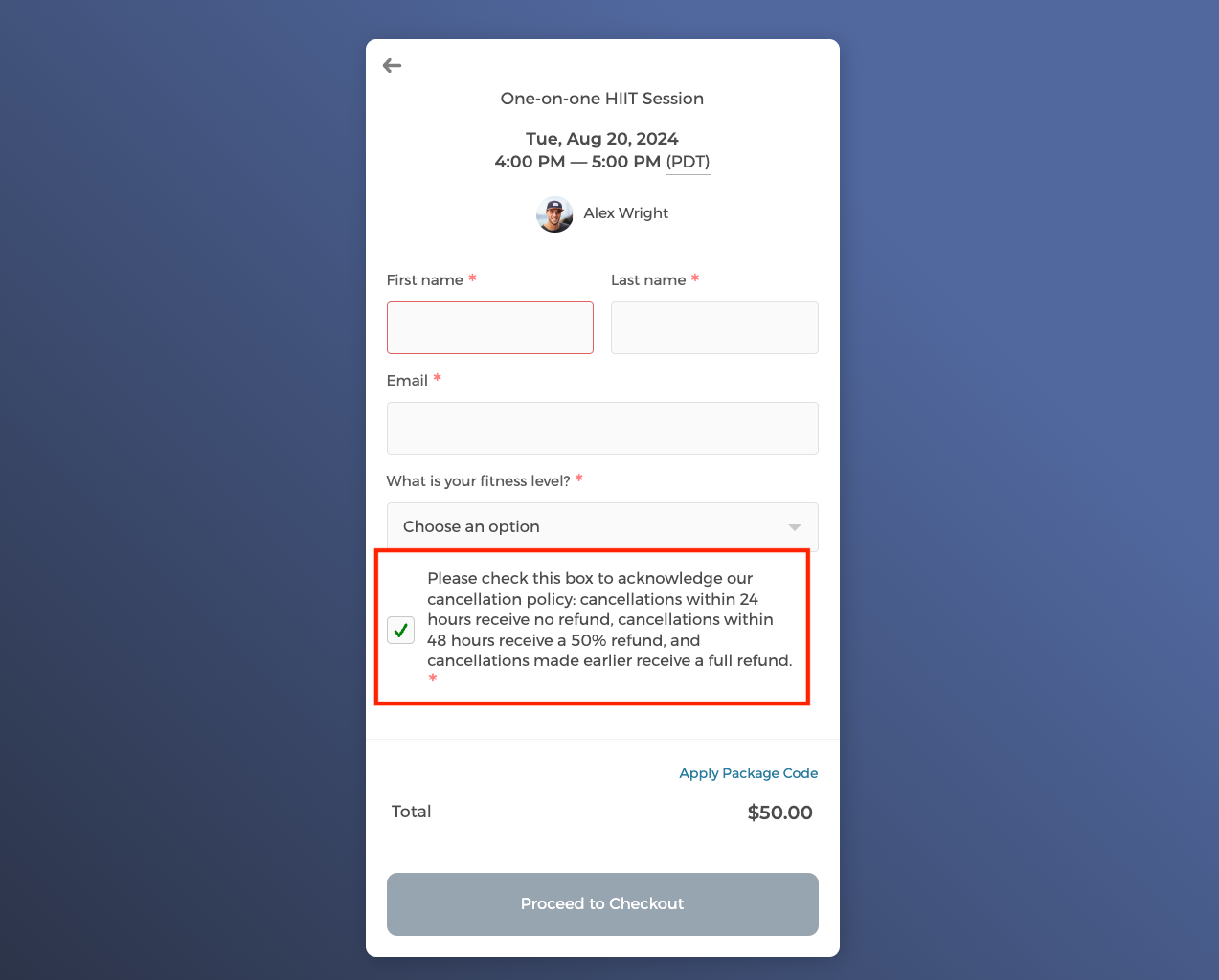 Cancellation policy displayed on the intake form
