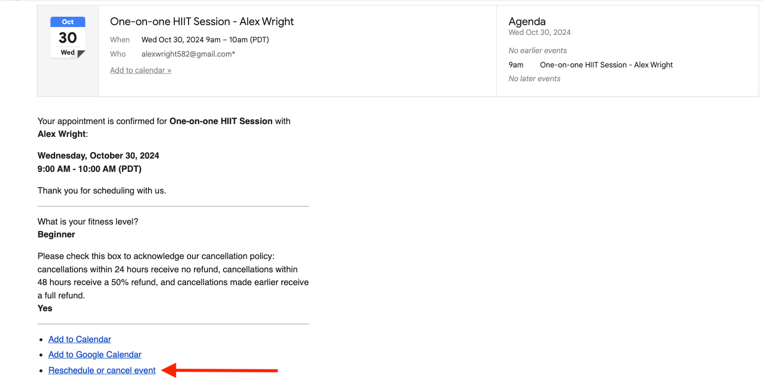 Rescheduling option in the booking confirmation email