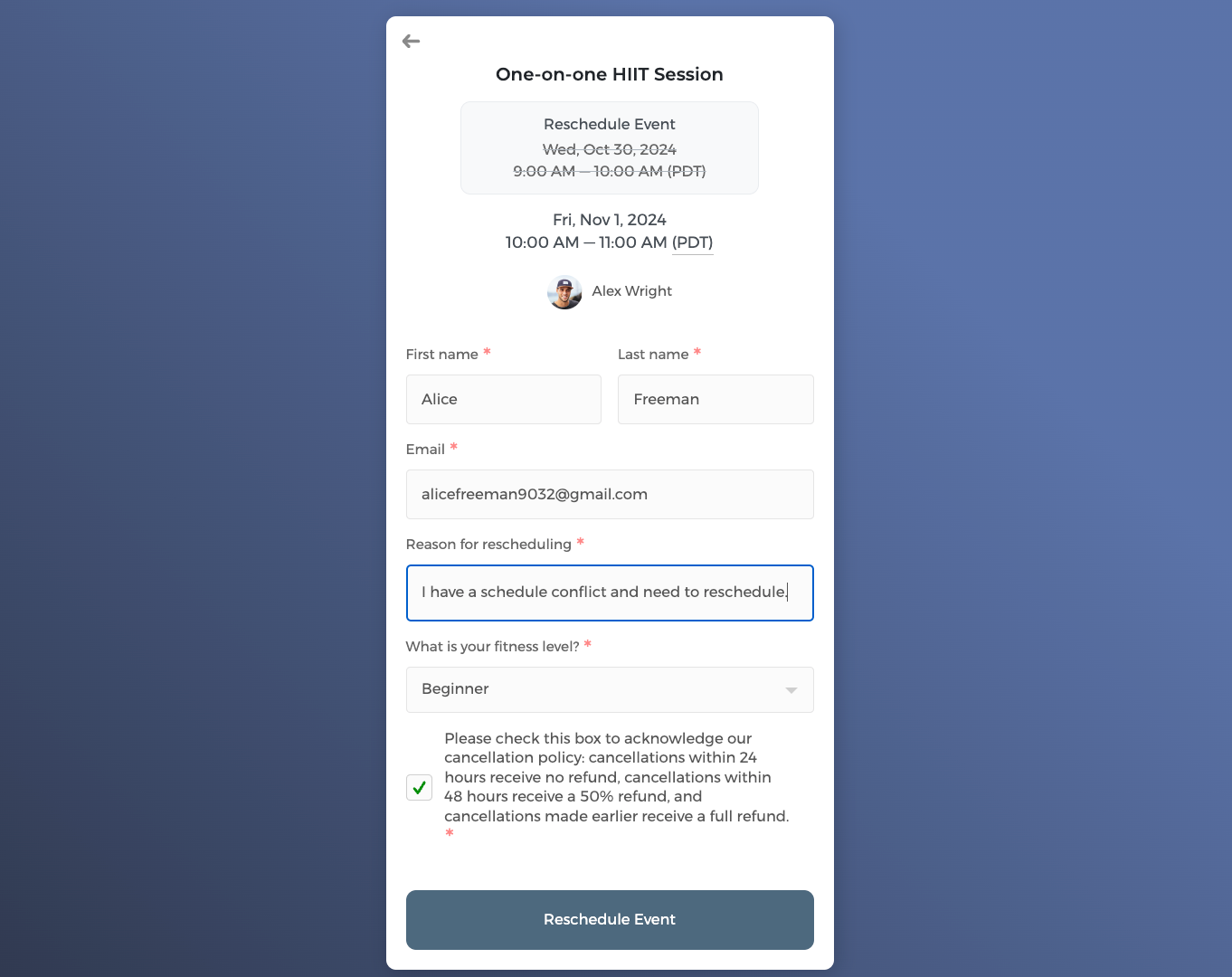 Host rescheduling notification email