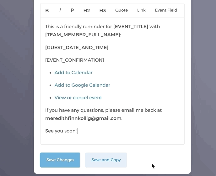 Save and copy reminder email template
