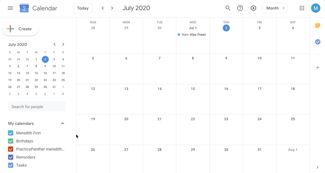 In this example, Meredith is trying to share her calendar with Alex.