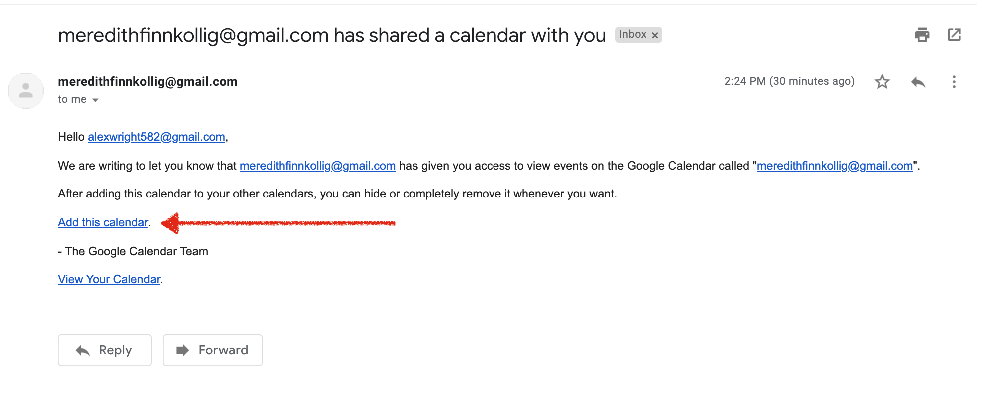 Calendar sharing invitation email