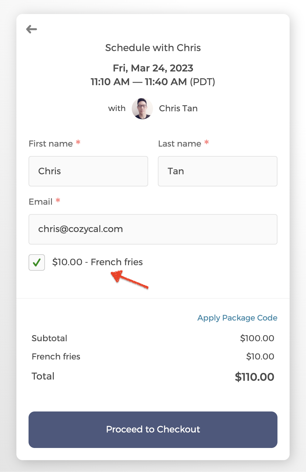 Paid add-on shown on the booking page