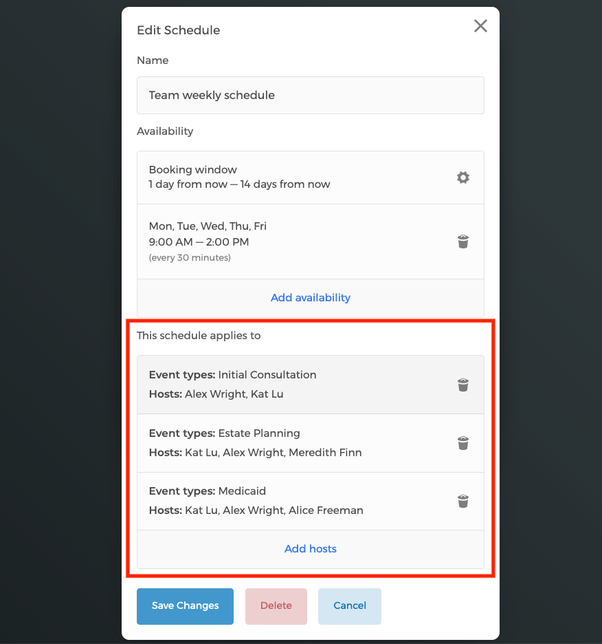 Edit Schedule modal showing applied event types