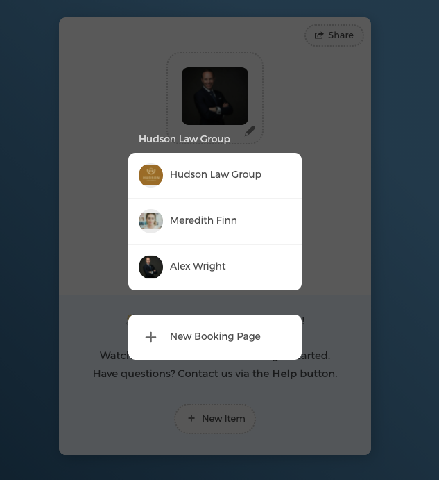 Individual booking page listed under the team
