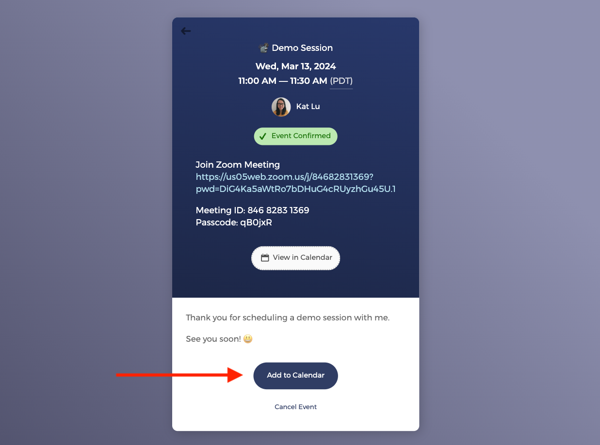 Zoom link in guest confirmation
